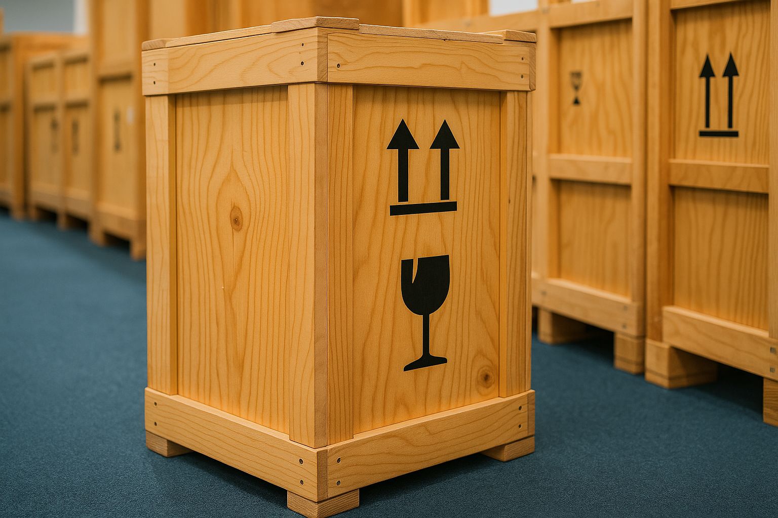 Sichere Holzkisten für Kunstwerke, bereit zum Versand, mit Versandetikett